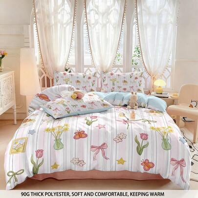 3pcs Set (1 Duvet Cover + 2 Pillowcases, No Filler), Colorful Beautiful Tulip, Bow Decor Digital Printing Bedding Set, Soft Warm Skin-Friendly, Suitable For All Seasons. Multiple Sizes And Plus Sizes Available To Meet Different Needs, Suitable For Hotel, Bedroom, Room, Dormitory, Etc. Zipper Closure, Machine Washable, Excellent Bedroom Decor, Also Suitable As A Gift.