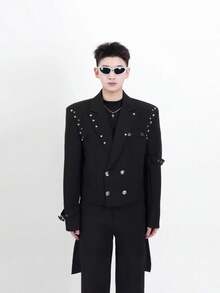 A Niche Design Rivet Suit Jacket For Men In Spring And Autumn, With A High-End Feel And Double Breasted Shoulder Pads For Casual Short Suits - Black - View 3