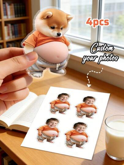 Personalized Custom Stickers​ – 11*7.3cm 4-Piece Set Featuring Shiba Inu Puppy And Smiling Toddler In Orange Outfits, With Custom Photo Options. Durable, Waterproof PVC Material. Ideal For Decorating Laptops, Tablets, Water Bottles, Notebooks, Scrapbooks, And Kids' Storage Boxes. Perfect Festival Gift For Parents, Pet Lovers, And Kids. Brightens Everyday Spaces With Playful Charm.
