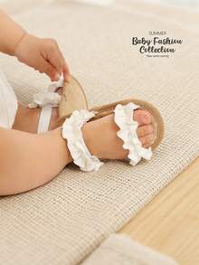 新生儿女童夏季软底凉鞋，婚礼礼服平底鞋，沙滩拖鞋，幼儿防滑鞋，可爱荷叶边设计 - 白色 - 查看 7