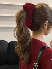 1pc Women's Double-Layer Rhinestone Velvet Bow Hair Clip, Elegant Versatile Banana Hair Accessory - Multicolor - View 2