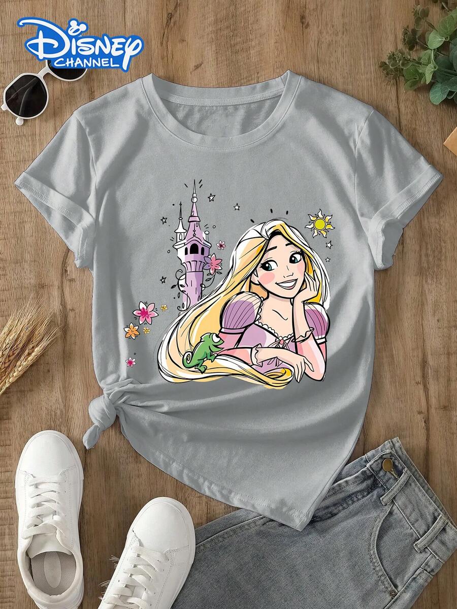 Disney Lady's T-Shirt, Featuring The Cartoon Pattern Of Disney's Princess Rapunzel. The Fabric Is Soft, Comfortable And Durable. This Is A Summer/Winter Women's Round-Neck T-Shirt, Suitable For Daily Wear, Going Shopping, Parties, And Gatherings. It Is Also More Suitable As A Daily Outfit Or As A Gift. - 灰色 - 查看 1