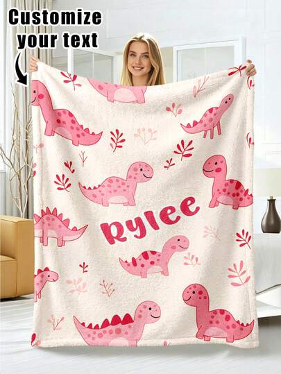 1pc Customized Text & Dinosaur Design Flannel Blanket - Soft, Lightweight, Comfortable - Perfect Gift For Adults, Valentine's Day Or Any Occasion - Machine Washable, All Season, Personalized Blanket, Office Nap Blanket, Air Conditioning Blanket, Photo Blanket, Father's Day Gift For Dad, Bedding Blanket, Customized Picture Blanket