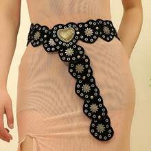 Women's Boho Western Waist Belt - Vintage Hollow Wide Disc Leather Belt With Cowboy Metal Buckle & Concho, Versatile Retro Waist Accessory - màu đen - Xem 12
