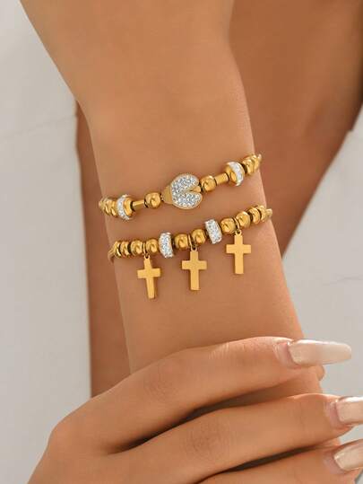 1 pieza Brazalete con colgante de cruz de circonita de moda y lujo versátil para mujeres, diseño único con vibra de alta gama, adecuado para uso diario y fiestas