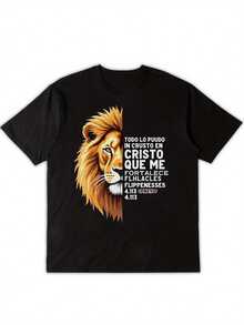 Camiseta Gráfica Cristiana para Hombre "León de Judá" - Negra con Diseño de Versículo Bíblico en Español Marcos 1:17, Ropa de Fe, Impresión Digital Duradera, Manga Corta, Cuello Redondo, Estilo Casual para Eventos Religiosos y Uso Diario - Negro - Ver 2