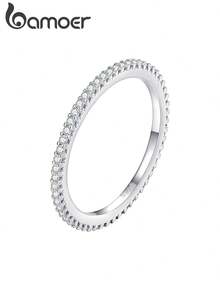 Anillo de eternidad minimalista de moissanita de Bamoer, anillo apilable minimalista, plata de ley 925, regalo de joyería elegante para mujeres - Plateado - Ver 1