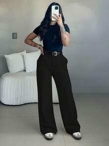 女士高腰阔腿裤 | 春季女装 | 休闲优雅办公裤 | 春季休闲装 | 纯色宽松直筒裤 | 春季服装 | 女士休闲装 | 柔软舒适休闲裤 | 女士休闲装 | 简约时尚职业装 | 休闲套装 | 新年准备 | 春秋必备，不含腰带，黑色 - 黑色 - 查看 8