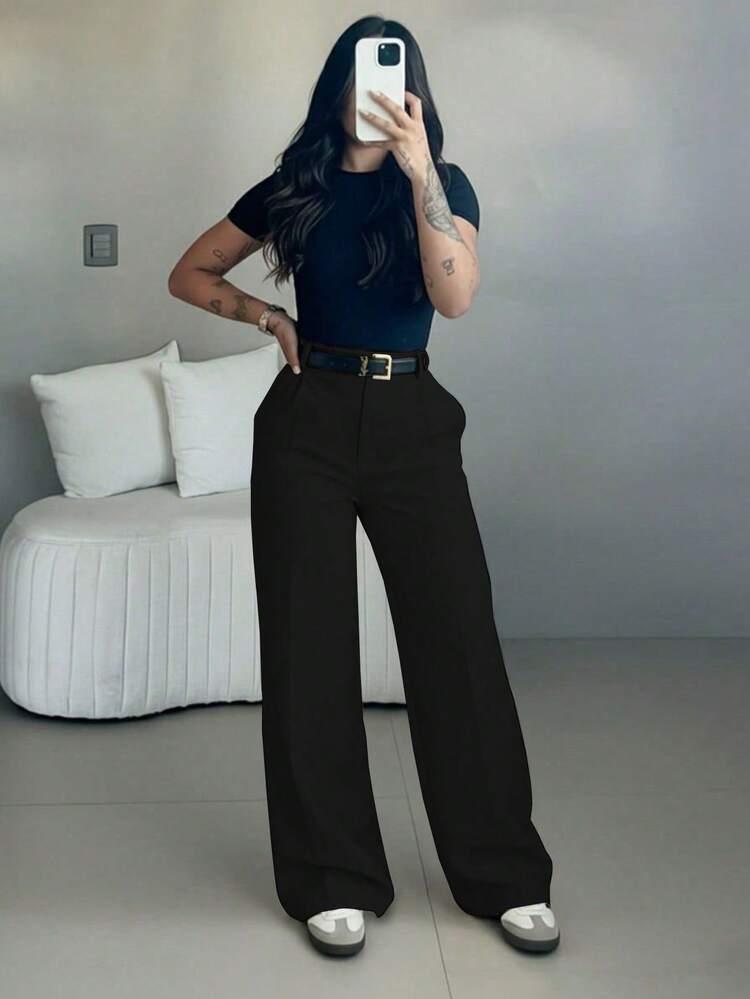 Pantalones de pierna ancha de cintura alta para mujer | Ropa de mujer para primavera | Pantalones de oficina casuales y elegantes | Ropa casual de primavera | Pantalones rectos sueltos de unicolor | Ropa de primavera | Ropa casual de mujer | Pantalones casuales suaves y cómodos | Ropa casual de mujer | Ropa de trabajo de moda minimalista | Traje casual | Preparación para el Año Nuevo | Esencial para primavera y otoño, sin cinturón incluido Negro - Negro - Añade 6