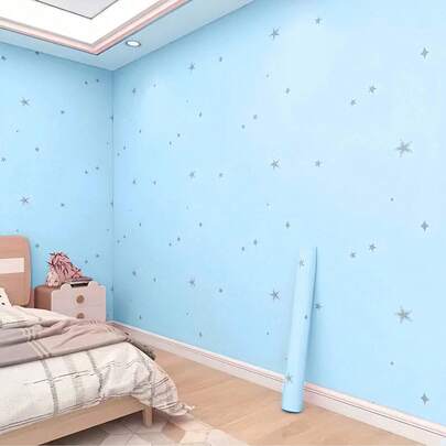 1 Roll Children's Style Blue Star Vinyl Wallpaper, Non-Adhesive Removable Vinyl Sticker, Decorative For Kids Room, Bathroom, Living Room, Furniture, DIY, 17.7inX39.3/118.1/196.8in