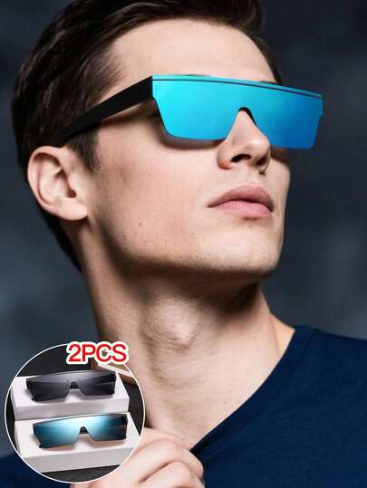 2 PCS Men's Rimless Fashion Glasses Shield-Shaped Integrated Frame Polycarbonate Material With Pressure-Free Comfort Suitable For Beach Party With Glasses Box