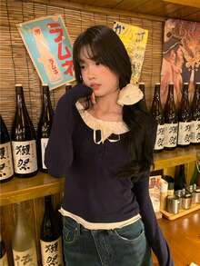 女士系带二合一T恤，荷叶边圆领修身独特时尚休闲上衣，秋冬款 - 黑色 - 查看 4