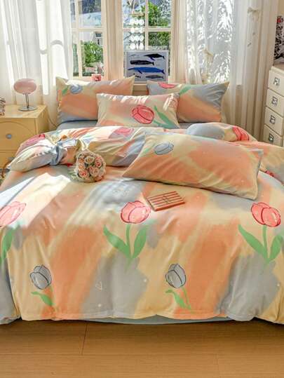 3pcs Tie-Dye Tulip Bedding Set, Including 1*Duvet Cover + 2*Pillowcases, Pink & Blue Tulips, White Tiny Heart Print Pattern, 100% Polyester Microfiber, Suitable For Student Dorm Room & Bedroom Decor, Duvet Cover & Pillowcases Without Filler, With Zipper Design
