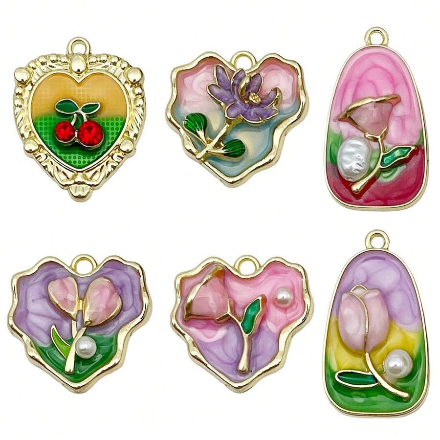 2/6pcs Elegant Flower Enamel Charms Flower Heart Necklaces Pendants Earrings Charms For Jewelry Making Bracelets Necklaces Earrings Keychains DIY Crafts