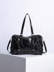 Bolso de hombro tipo tote con panel transparente, versátil para ir y venir - Negro - Ver 6