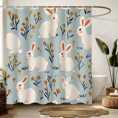 Easter Cute Bunny Plant Shower Curtain, Easter Holiday Decoration Shower Curtain, Various Room Bathroom Decoration Partitions, Bathroom Accessories Shower Bathtub Curtain