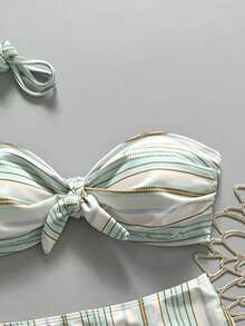 New Arrival Spring/Summer Beach Pool Party Fashion Sexy Striped Floral Bow Strapless Detachable Strap High Waist Tankini Swimwear For Women Vacation - Blue and White - View 5