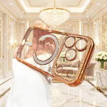 1 pieza Funda de teléfono con diamantes y lentejuelas, naranja Hadaasi, con diseño de cristal transparente y chapado en oro, compatible con Apple 17 Pro Max, 17 Pro, 17 Air, 17, compatible con carga inalámbrica, protección resistente a golpes, diseño con cristales, adecuado para Apple 16, 15, 14, 13, A12, 11 Pro Max Plus, elegante para usuarios de Apple - Naranja - Ver 4