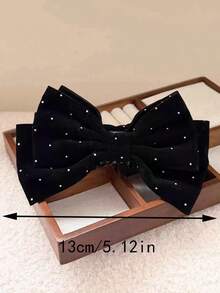 1pc Women's Double-Layer Rhinestone Velvet Bow Hair Clip, Elegant Versatile Banana Hair Accessory - Multicolor - View 4
