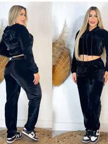 Women's Crystal Velvet Set With Hood And Zipper, Pants With Pocket, Cold Weather, Autumn/Winter - 黑色 - 查看 4