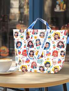 1 pieza Bolsa de compras portátil de gran capacidad, bolsa de tela impermeable con diseño de dibujos animados y ligera, bolsa de compras reutilizable de plástico con asa - Blanco - Ver 2