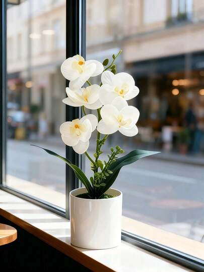 1 pieza Planta de orquídea Phalaenopsis artificial blanca en maceta, adecuada para decoración interior durante todo el año