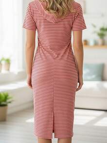 Set conjunto 2 piezas blusa cuello alto manga corta bajo recto tejido stretch a modo de rayas falda maxi pretina elástica bajo recto cómodo casual calle diario día noche fiesta evento jardín vacaciones casa trabajo playa - Naranja Coral - Ver 3