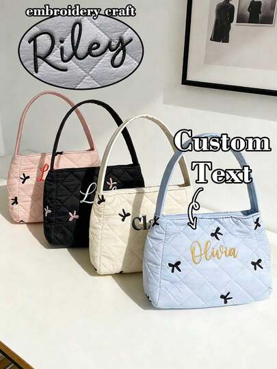 1pc Customized Embroidered Name Bow Handbag, Cute & Comfortable Tote Bag, Artistic Style For Women, Minimalist Ladies Handbag, Suitable For Shopping, Back To School And More Occasions, Lightweight & Foldable, Classic Casual Style For Girls, Ladies, Female College Students, Fashionable Item For Women