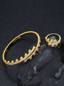 1 Set Of 2 Pcs Fashionable Elegant Sparkling Cubic Zirconia Encrusted Teardrop Hinged Bangle & Ring Set, Versatile For Daily Wear, Party, Wedding, Summer, Eid/Eid Al-Fitr Gift - -set Side-hanging Teardrop - View 4