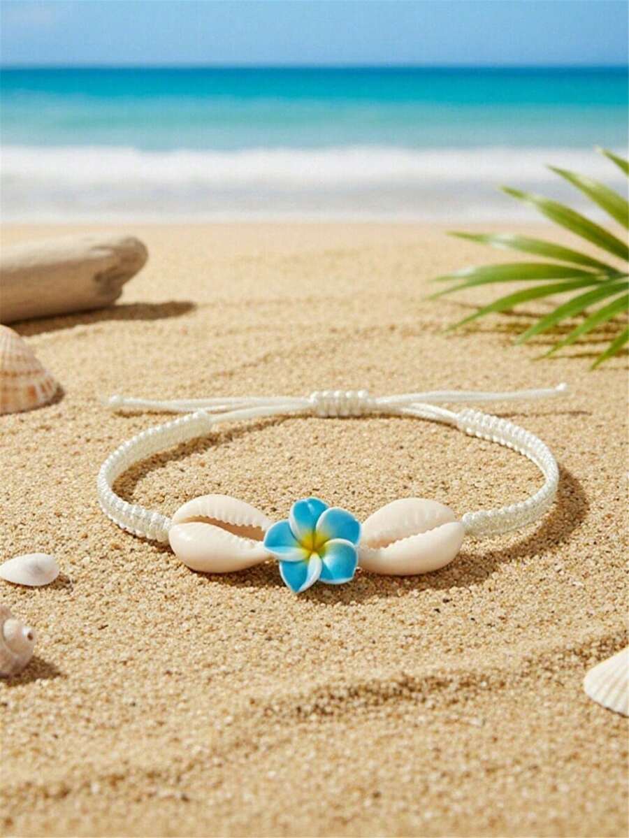 1 chiếc vòng tay/dây chuyền bện họa tiết hoa và vỏ sò dành cho nữ, thích hợp cho kỳ nghỉ biển, phong cách Bohemian. - Nhiều màu - Xem 1