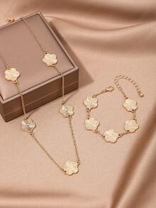 2pcs Elegant Jewelry Set, Metal Five-Petal Flower Necklace And Bracelet, Simple Design, Suitable For Daily Wear, Parties, Spring/Summer New Arrival, Commuting - Yellow Gold - View 1