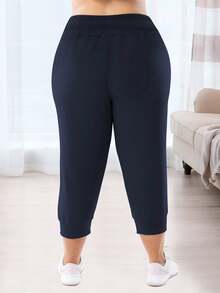 Plus Size Women's Casual Sports Capri Pants With Pockets & Drawstring Loose Fit Joggers Sweatpants For Running - Navy Blue - View 6
