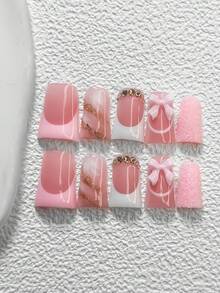 10片法式凝胶美甲套装，亚克力压制甲片，浅粉色3D蝴蝶结装饰，香槟色圆形水钻设计，哑光粉色，是送给女性和女孩的理想礼物，包含美甲工具（1片果冻贴+1个指甲锉），3种形状：杏仁形、尖头形、棺材形，适合日常、派对、婚礼、春夏等场合，手工制作的压制甲片。 - 彩色 - 查看 13