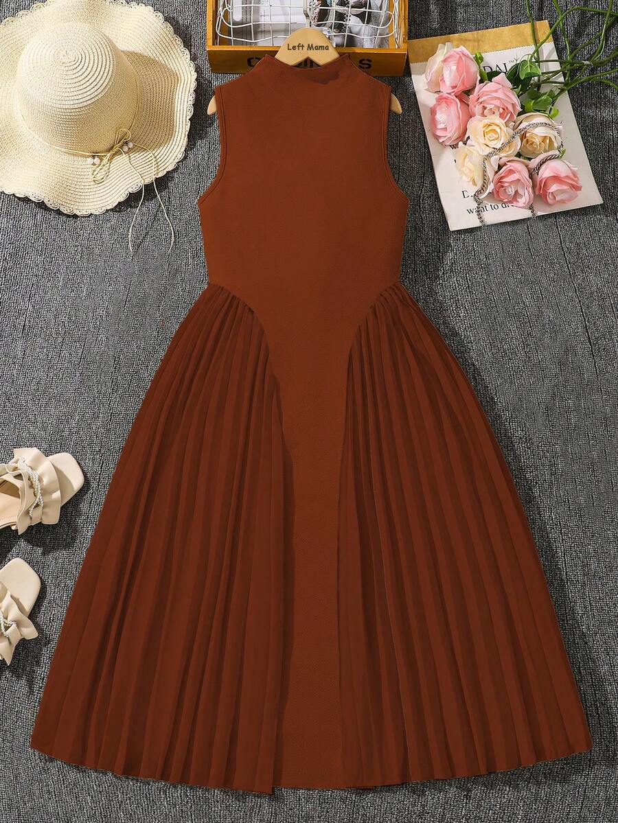 Left Mama Vestido plisado sin mangas con cuello Mao para niñas, elegante para el verano - Marrón - Ver 1