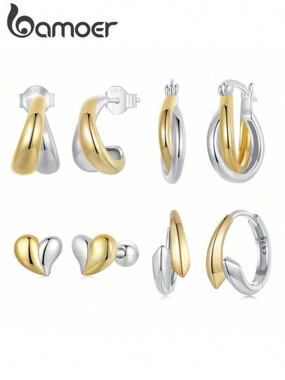  Bamoer 925纯银极简主义独特双色几何造型耳环，经典日常佩戴女士首饰