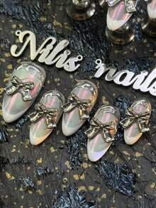 10pcs Handmade Fully Covered Almond Nails Acrylic Kit, Silver Cat Eyes, Cool And Sweet Ballet Style, White French Style, 3D Bow, Metal Relief Design, Y2K Style Nail Art Set,Acrylic Nail Supplies Are Suitable For Women And Girls,Can Be Used For Festivals,Daily,Life,Work,Gatherings And Other Occasions,The Kit Includes 1 Mini Nail File And 1 Double-Sided Adhesive Label Nails Stuff - Silver - View 7