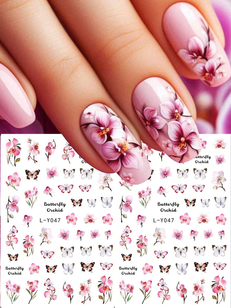2片粉色兰花蝴蝶美甲贴纸，优雅粉色花卉美甲贴花，自粘式DIY美甲装饰，适合女性美甲沙龙和家庭使用 - 彩色 - 查看 1
