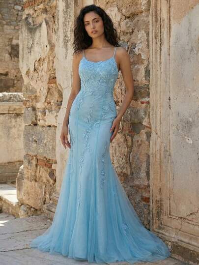 Elegante vestido formal de estilo sirena con tirantes finos y aplicaciones, versátil para cena formal, fiesta, boda, ceremonia de graduación y baile de debutantes