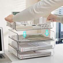 Transparent Desktop File Tray Stackable Large Capacity Stationery Book Storage Rack A4 Document Paper Organizer Home Office - green - 查看 2