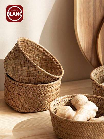 1个/2个/3个装编织收纳篮，厨房姜蒜收纳篮，圆形玄关餐具收纳篮，桌面收纳篮，小型杂物篮，零食收纳篮，家用野餐篮