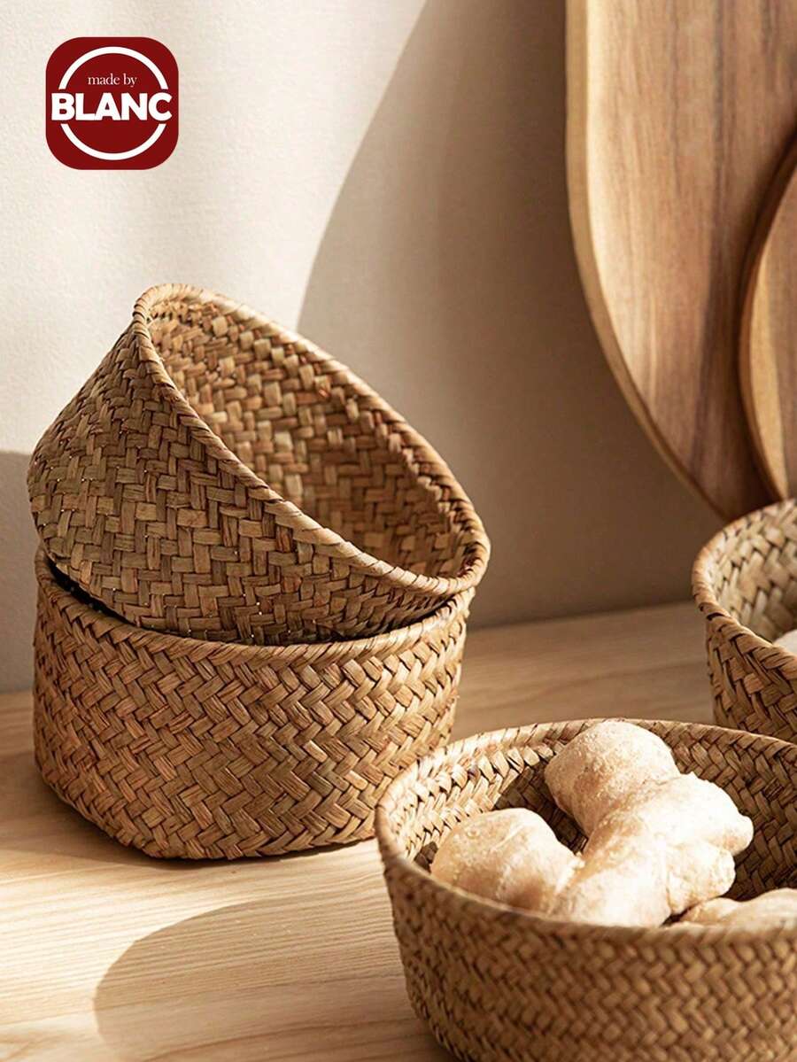 1个/2个/3个装编织收纳篮，厨房姜蒜收纳篮，圆形玄关餐具收纳篮，桌面收纳篮，小型杂物篮，零食收纳篮，家用野餐篮 - 彩色 - 查看 1