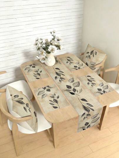 1/4/5/6/7pcs Spring & Summer Decorative Set, Beautiful Leaf Design Living Room Decor Set, Bedroom Decor Set, Dining Room Decor Set, Faux Linen Material, Multiple Sizes Available, Dining Table Decor, Fireplace Mantel Scarf, Placemats, Coasters, Home Decor