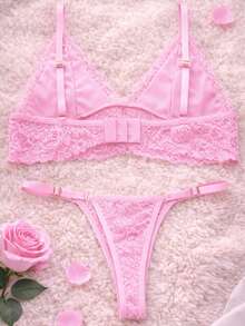 Seduction Lace Lingerie Set Side Adjustment Sensual Feminine Sexy - 粉色 - 查看 4
