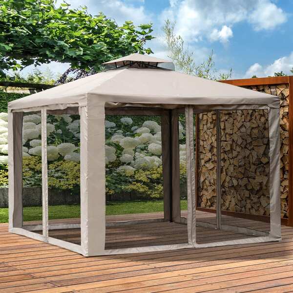 Outsunny 10' X 10' Patio Gazebo Outdoor Pavilion 2 Tire Roof Canopy Shelter Garden Event Party Tent Yard Sun Shade Steel Frame W/ Mosquito Netting, Brown