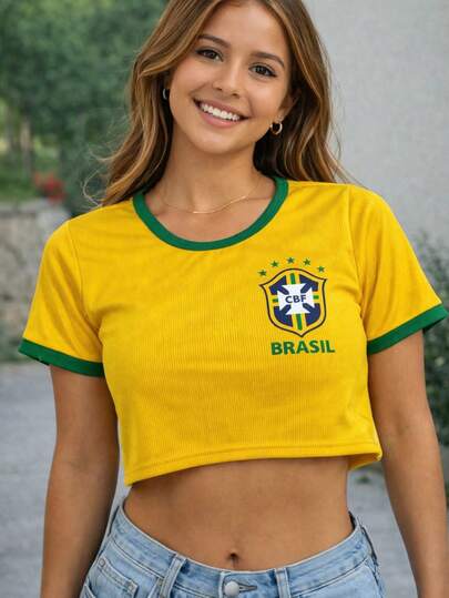 Cropped Camiseta Feminina Bordada Brasil Estampa Brasileira Esportivo Moda De Rua Estiloso Casual Seleção Brasileira