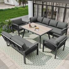 Garden Set, Furniture For 8 People, Rope Frame, Large Wood-Look Table, Galvanized Iron Frame, Adjustable Feet, Seat And Back Cushions Included, Grey - Dark Grey - View 2