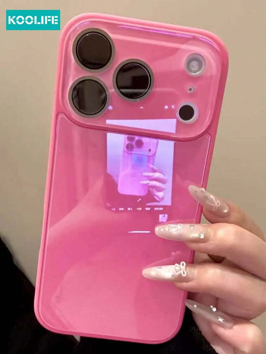 Luxury Solid Rose Pink Glossy Glass Phone Case, Shock-Proof Frame, Lens Protection, Hard Back Cover For IPhone 17/17 Pro/17 Pro Max - Rose Pink - View 1