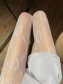 1pc Women Black/White Floral Vine Net Pants - White - View 3