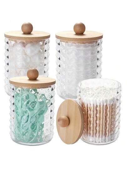 3M 4 Packs Acrylic Qtip Holder Dispenser For Swabs, Balls, Pads, Floss Picks- Small Clear Plastic Canister Apothecary Jar Set, Bathroom Essentials Accessories Decor, Vanity Makeup Storage Organizer