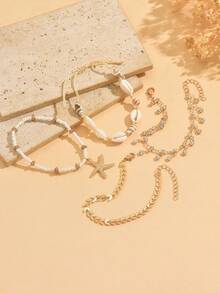 4pcs/Set Fashion Rhinestone Tassel Bracelet, Starfish Pendant Multilayer Bohemian Jewelry Set, Suitable For Women Vacation, Date, And Daily Wear - Multicolor - View 3